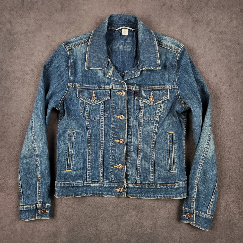 Levis Denim Trucker Jacket Womens Medium Blue‎ Long Sleeve Button Up Stretch